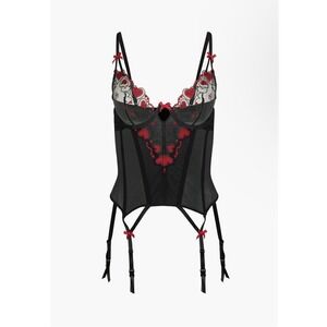 Adore Me Lovette Unlined Plunge Bustier 34A Women Sexy heart embroidery Blck Red